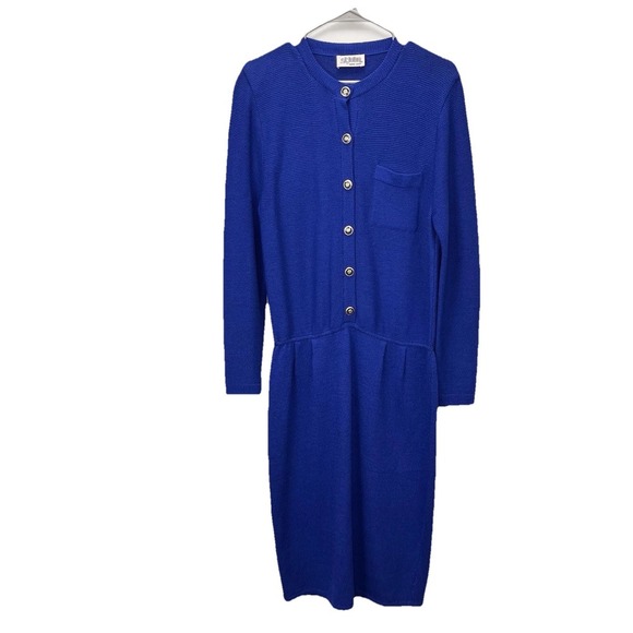 St. John Collection Royal Blue Santana Knit Button Up Shirt Dress Size 10 Pocket - Picture 1 of 10